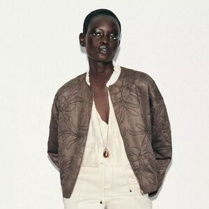 ZARA EMBROIDERED FAUX SUEDE BOMBER JACKET